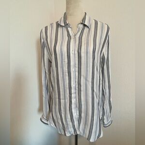 Rayon striped button down, white with blue and black stripes